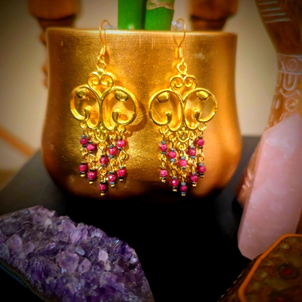Gold tone genuine ruby and hematite chandelier earrings